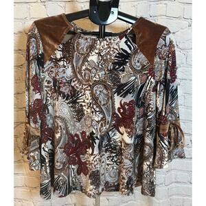 Ava James Womens Large Paisley Bell Sleeve Top Brown Velvet Accent